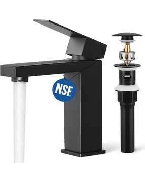 KES Black Bathroom Faucet Single Handle & Bathroom Sink Drain with overflow